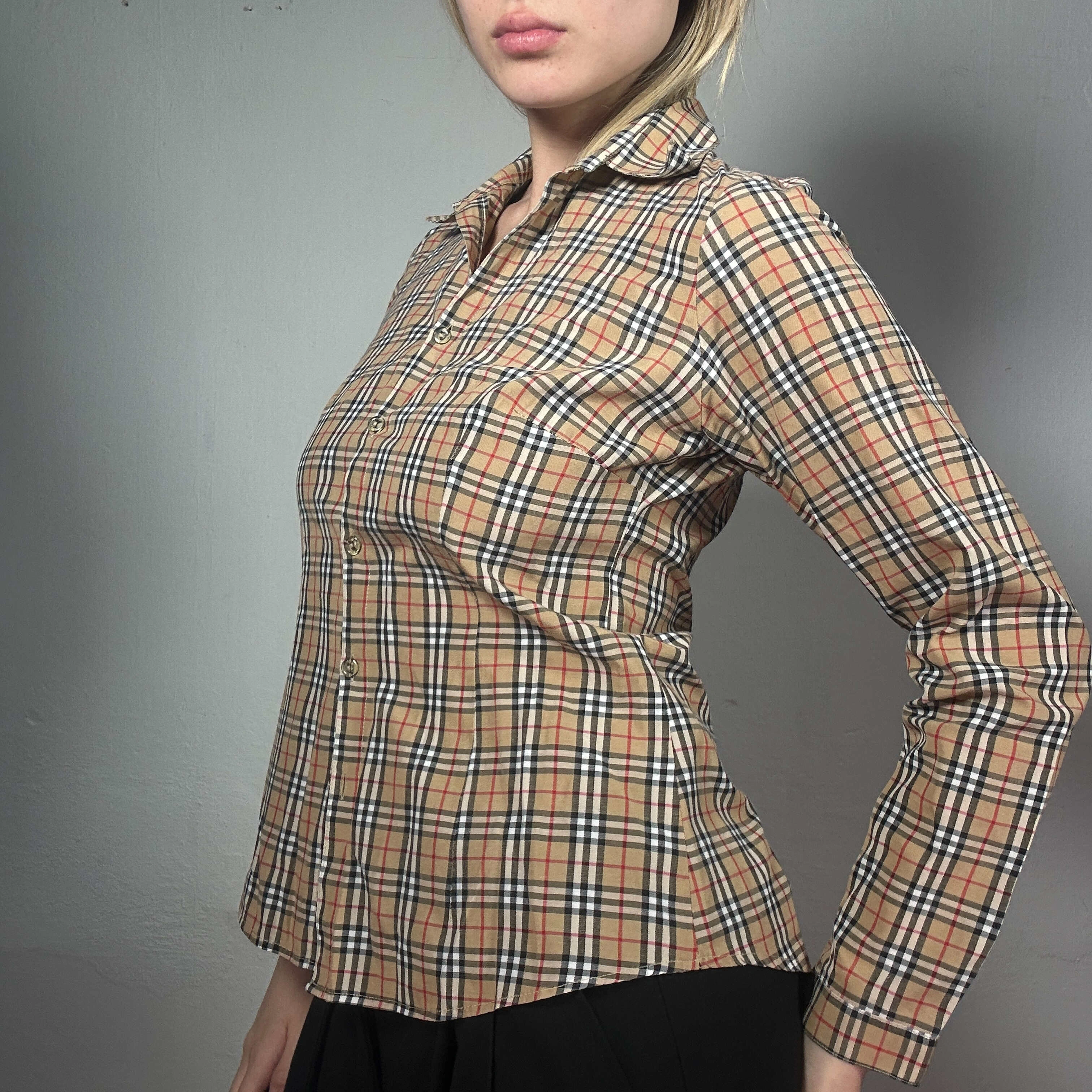 Krem Çizgili 90'lar Retro Uzun Kollu Gömlek Vintage (S)